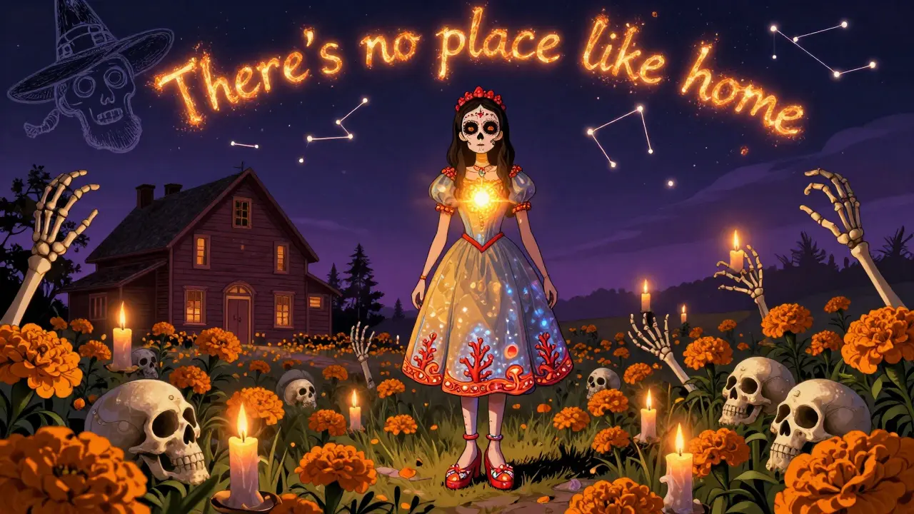 Dorothy in obsidian ruby slippers amid floating candle skulls, Kansas fading into marigolds and ember-written words.