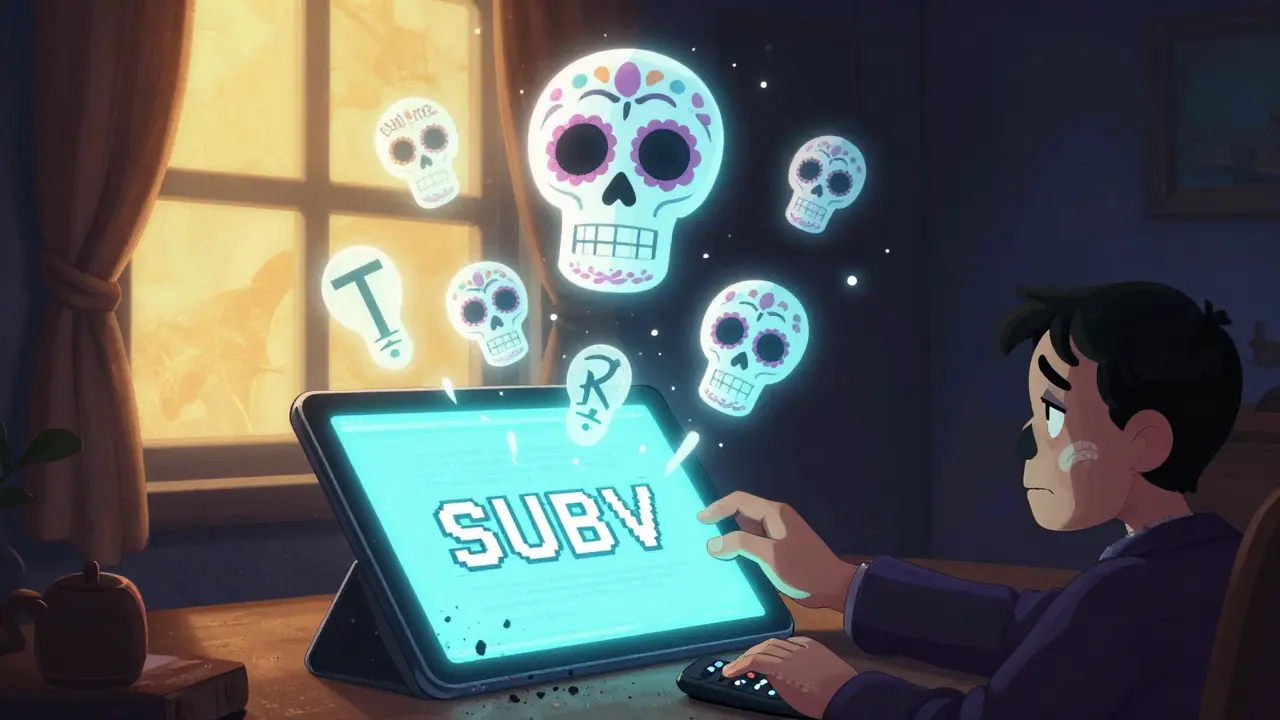 Ethereal calavera-shaped subtitles adapt in real-time to avoid HDR bloom, while old bitmaps crumble to dust.