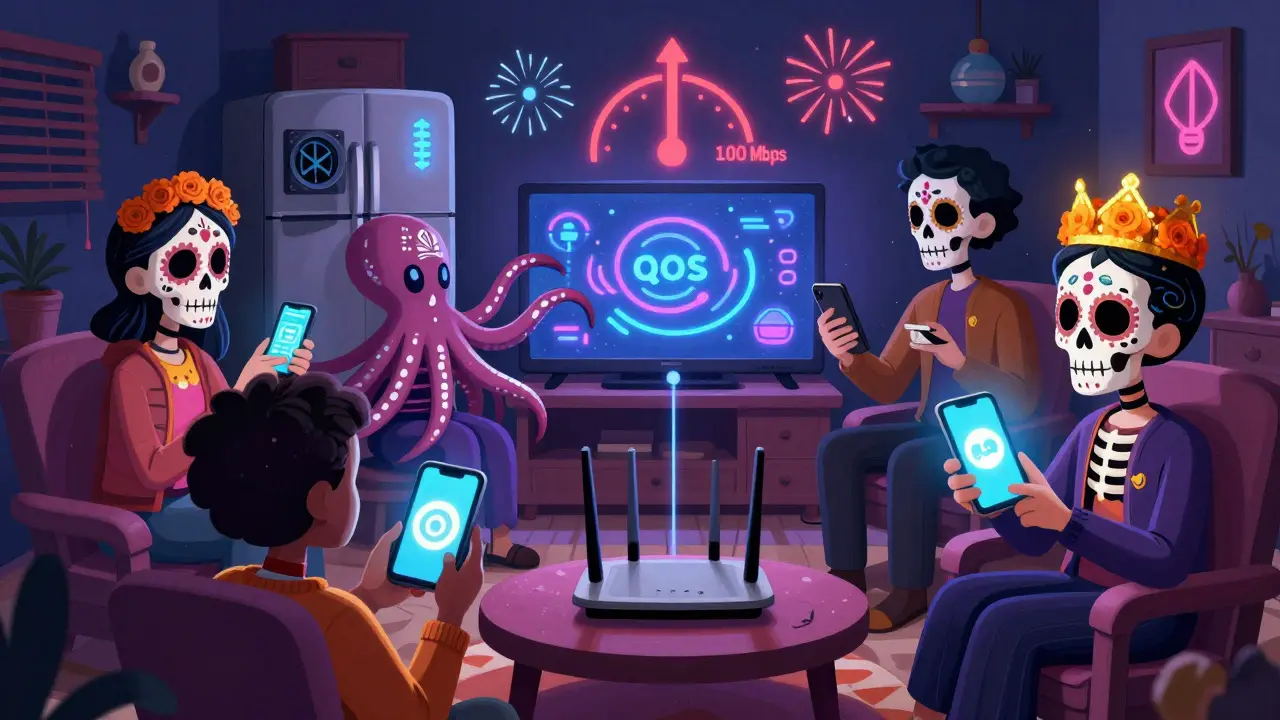 Family members with devices connected to a skull router, one under attack by interference tentacles, another crowned with QoS marigold, in Day of the Dead style.