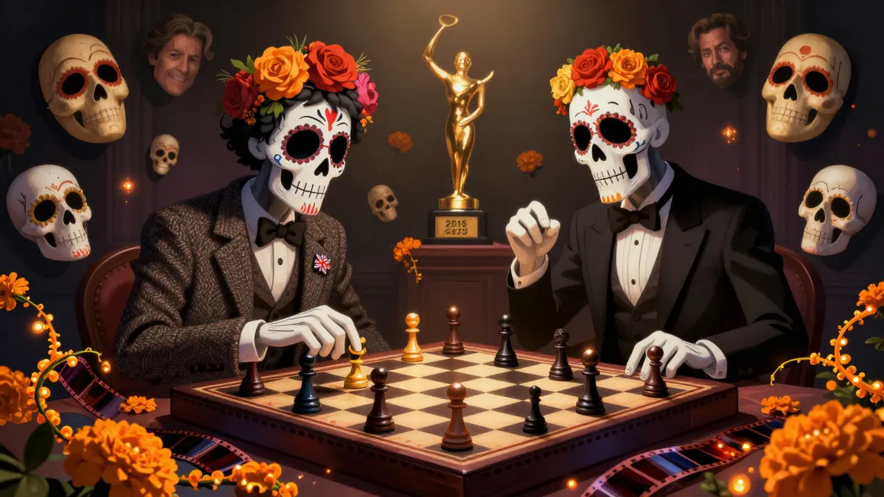 Ghostly filmmakers play chess with movie titles as pieces, surrounded by glowing masks and marigold vines.