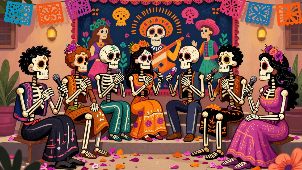 Group of skeletons sitting together on flowered steps.