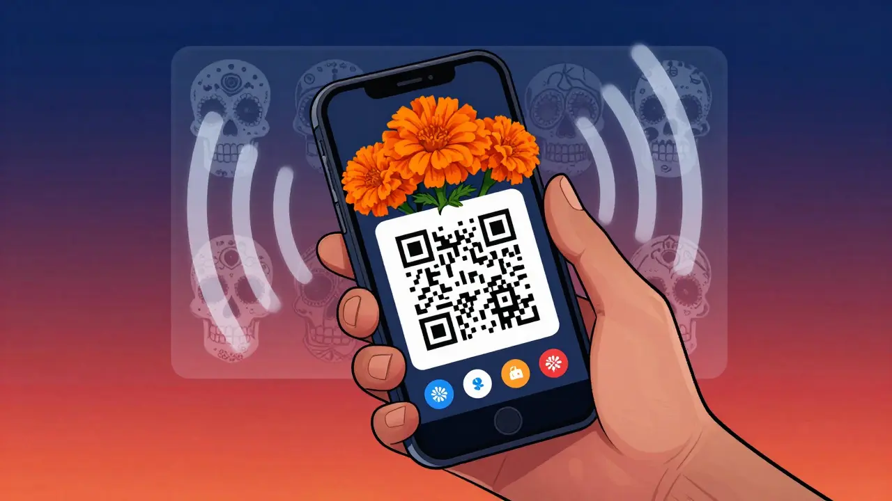 Hand scanning a digital code that transforms into blooming marigold flowers.