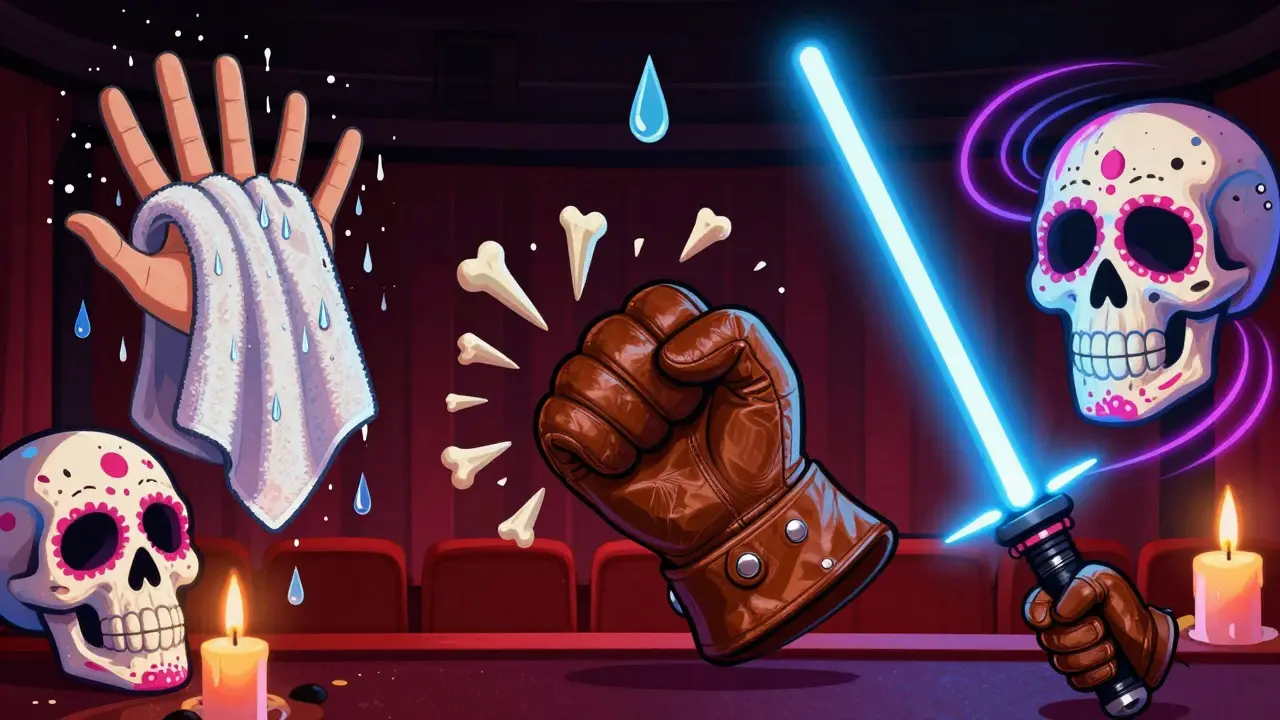 Iconic movie sounds like a wet towel slap and lightsaber hum are illustrated as Day of the Dead-themed surreal elements in a sugar skull cinema.