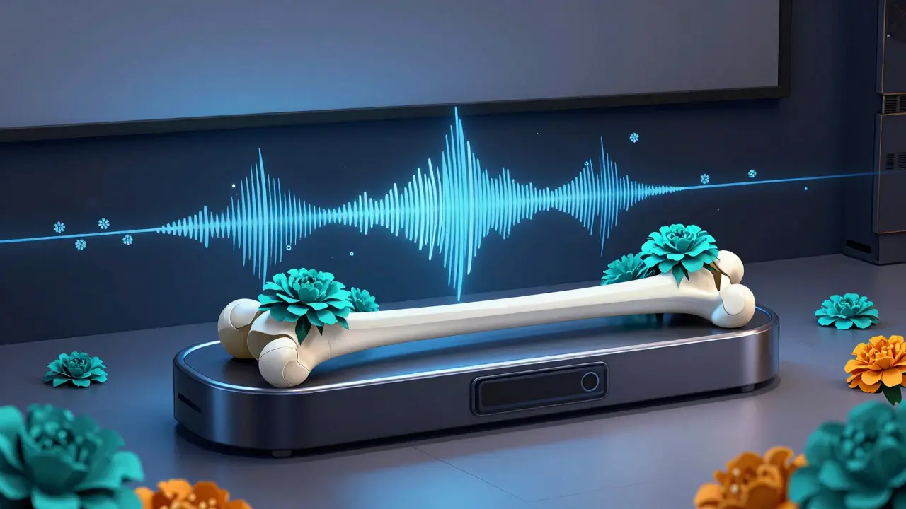 Modern home theater with floral skull patterns and sound waves.