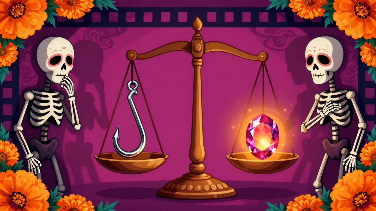 Ornate scale balancing a hollow hook against a solid glowing gem.