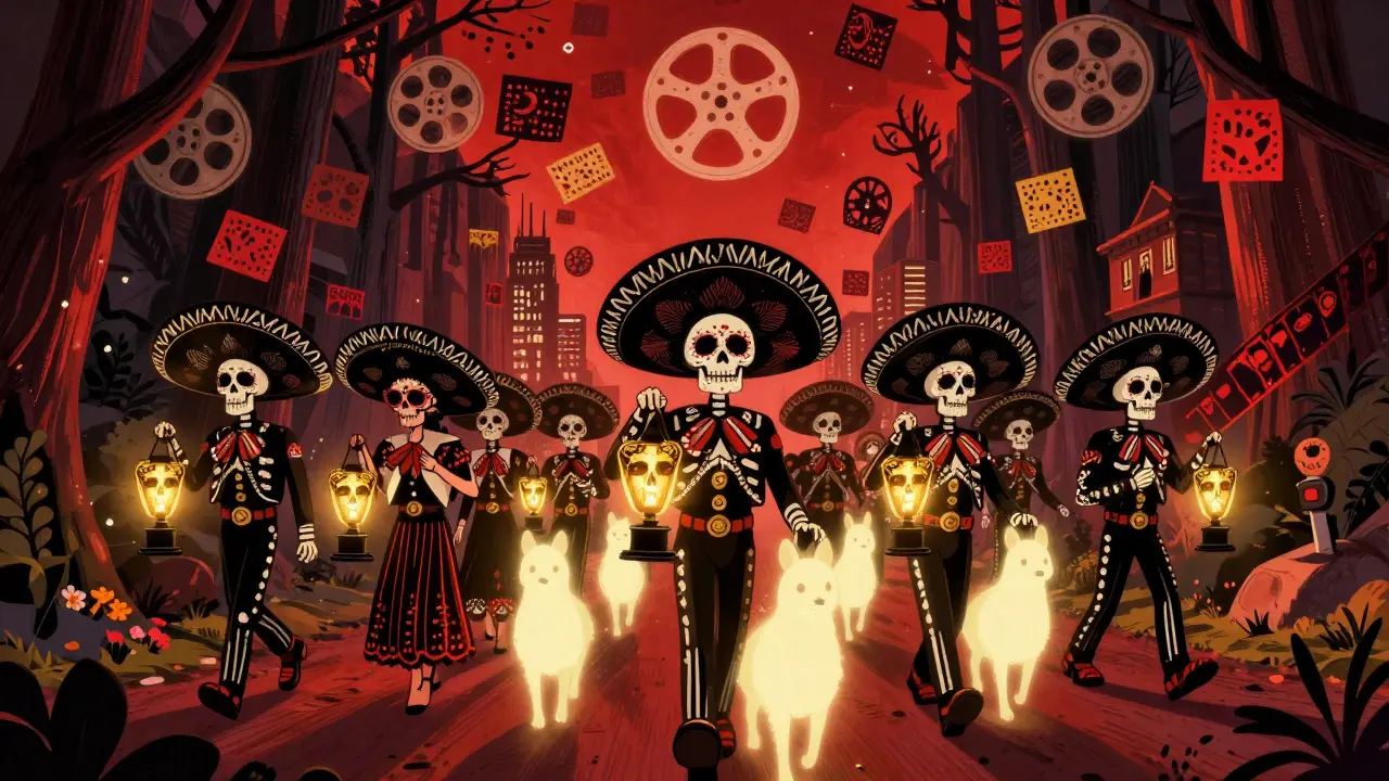 Skeletal film lovers parade with lanterns shaped like awards, guided by spirit animals of acclaimed films.