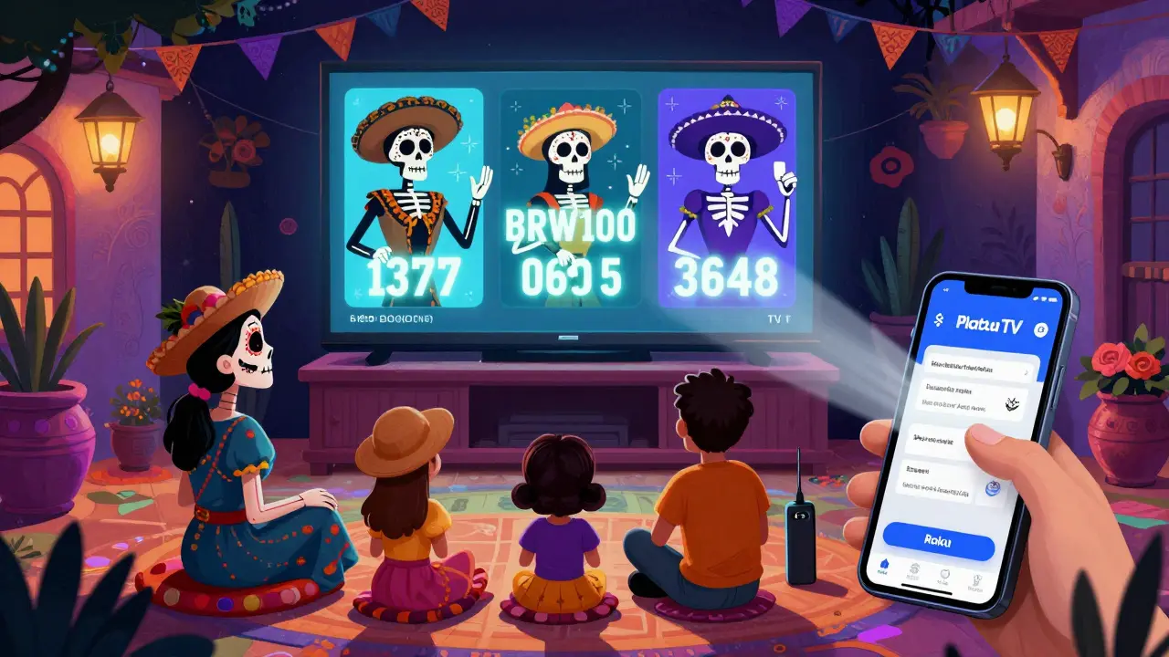 Skeletal TV channels holding glowing codes, connected by light from a phone using the Roku app.