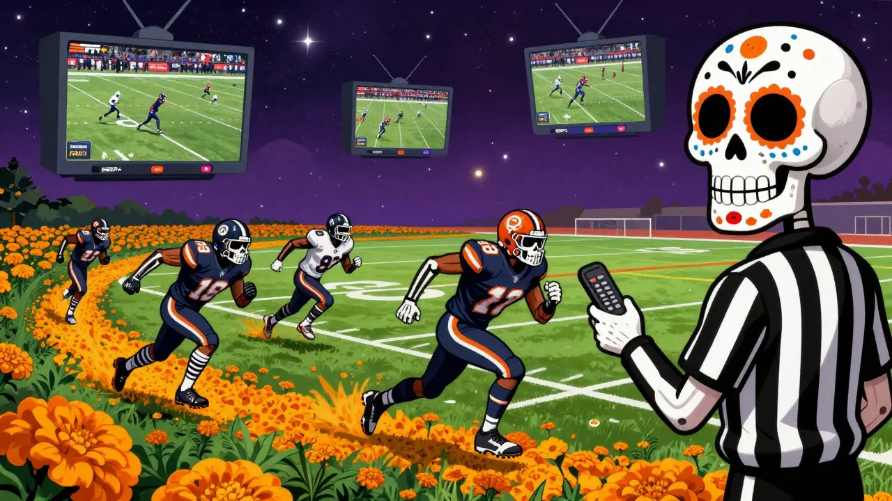 Skeleton athletes play football on a cosmic field, with floating TV screens showing live streams, watched over by a smiling referee skull.