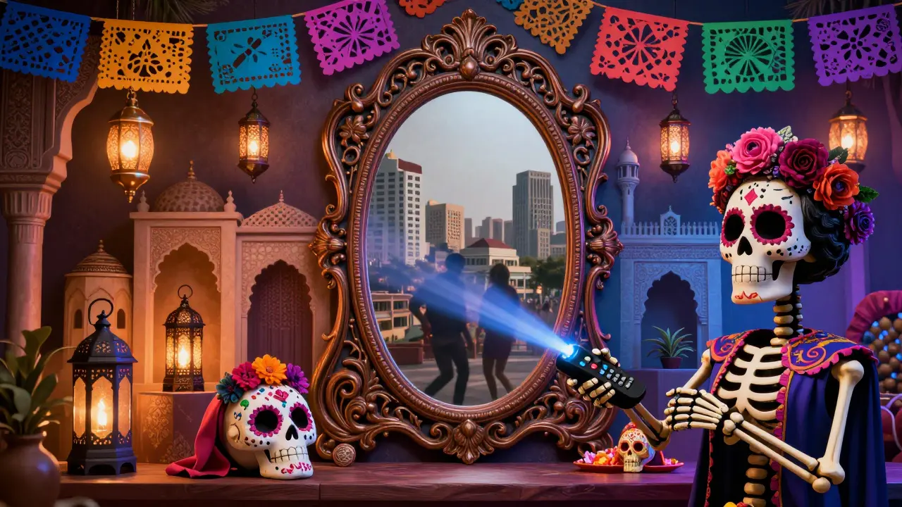 Skeleton figure using a tablet amidst Arabian architecture and floral patterns.