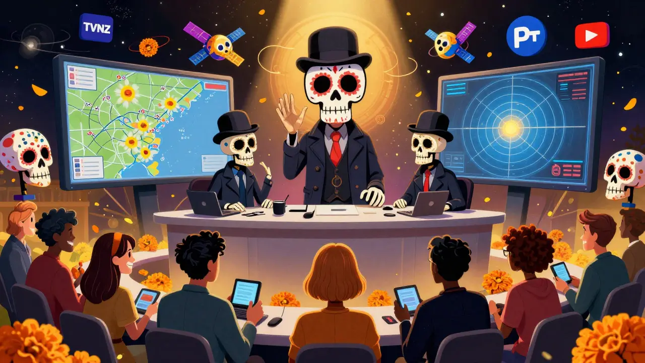 Skeleton journalists broadcasting from a floating studio surrounded by weather maps and channel logos, with humans below watching in Day of the Dead style.