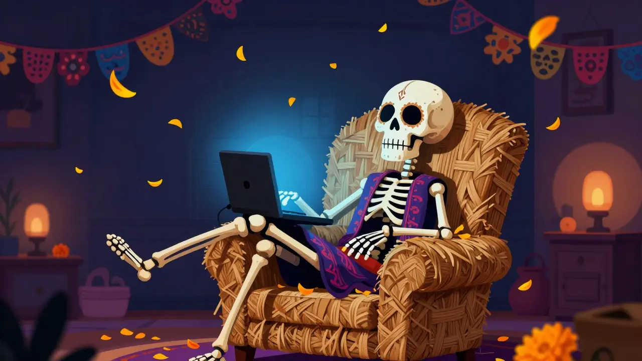 Skeleton relaxing in a chair with marigold petals floating.