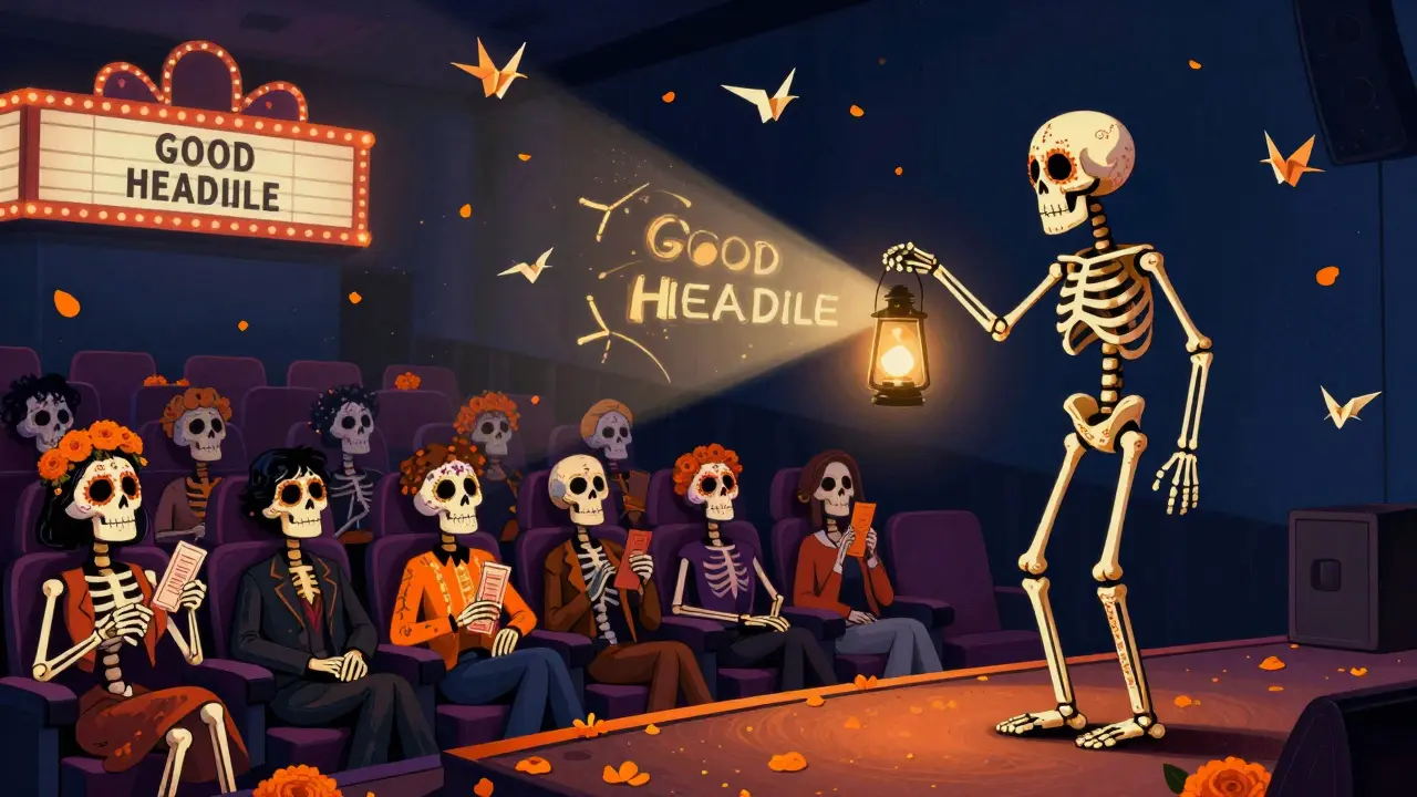 Skeleton writer holding lantern illuminating skeletal movie audience.
