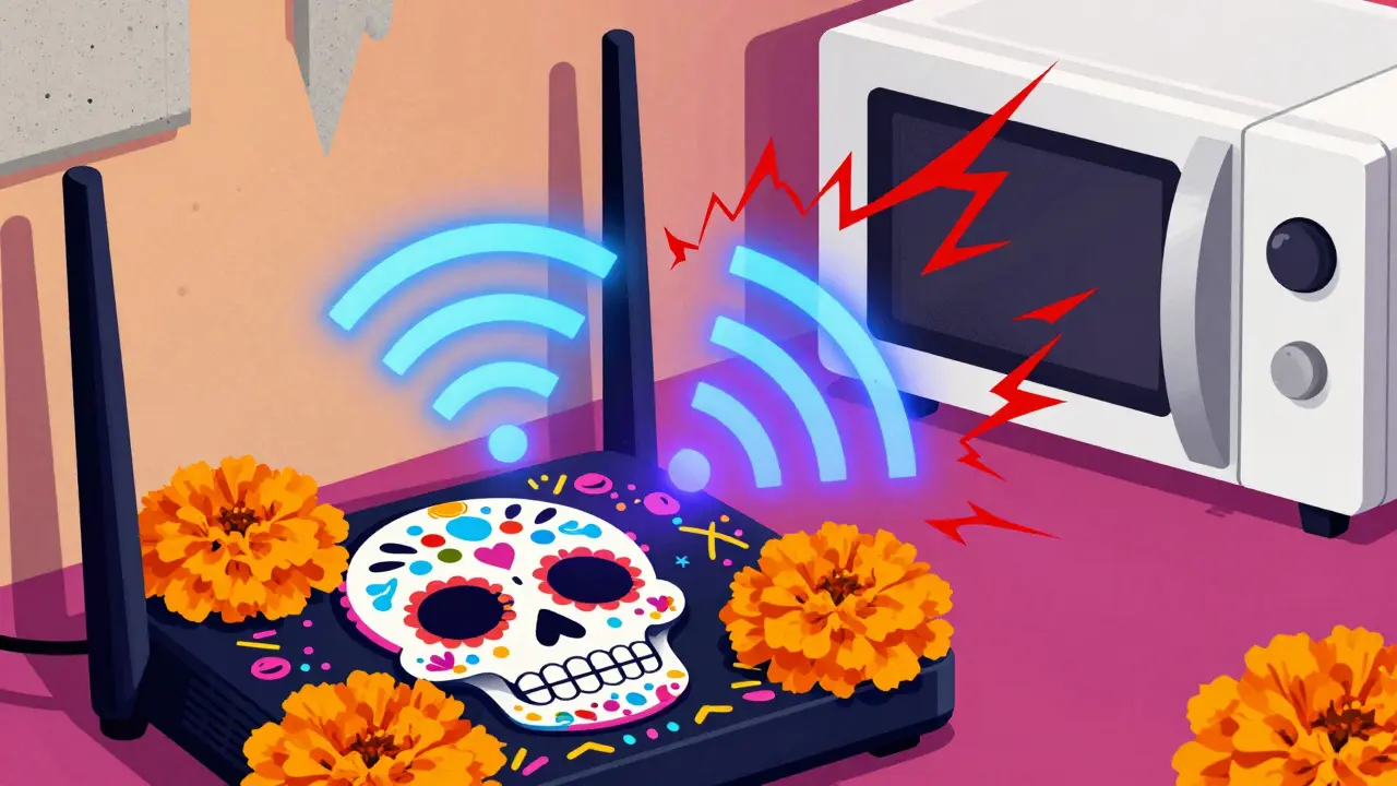 Stylized router with skull art showing Wi-Fi signal interference waves