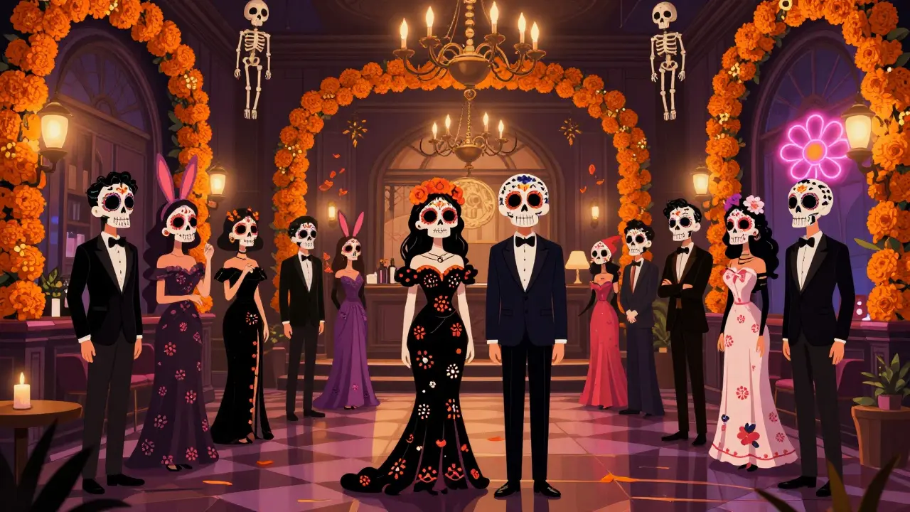 Symmetrical hotel lobby with masked figures and marigold decorations