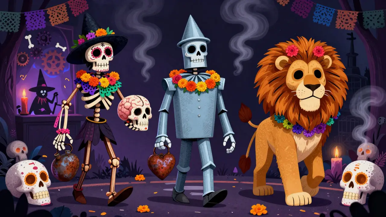 The Scarecrow, Tin Man, and Cowardly Lion as Day of the Dead skeletal figures walking a road of glowing skulls.