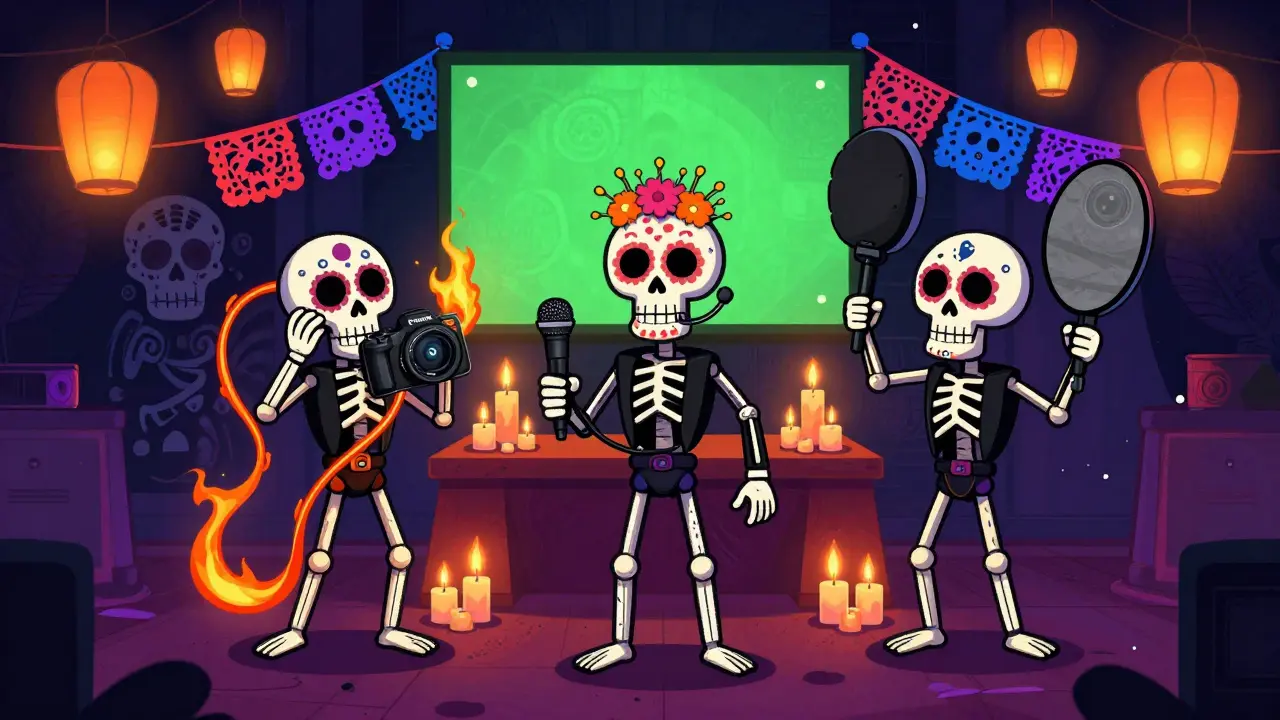 Three skeletal streamers showcase gear: a mirrorless camera, a mic headdress, and a reflector shaped like colorful paper banners.