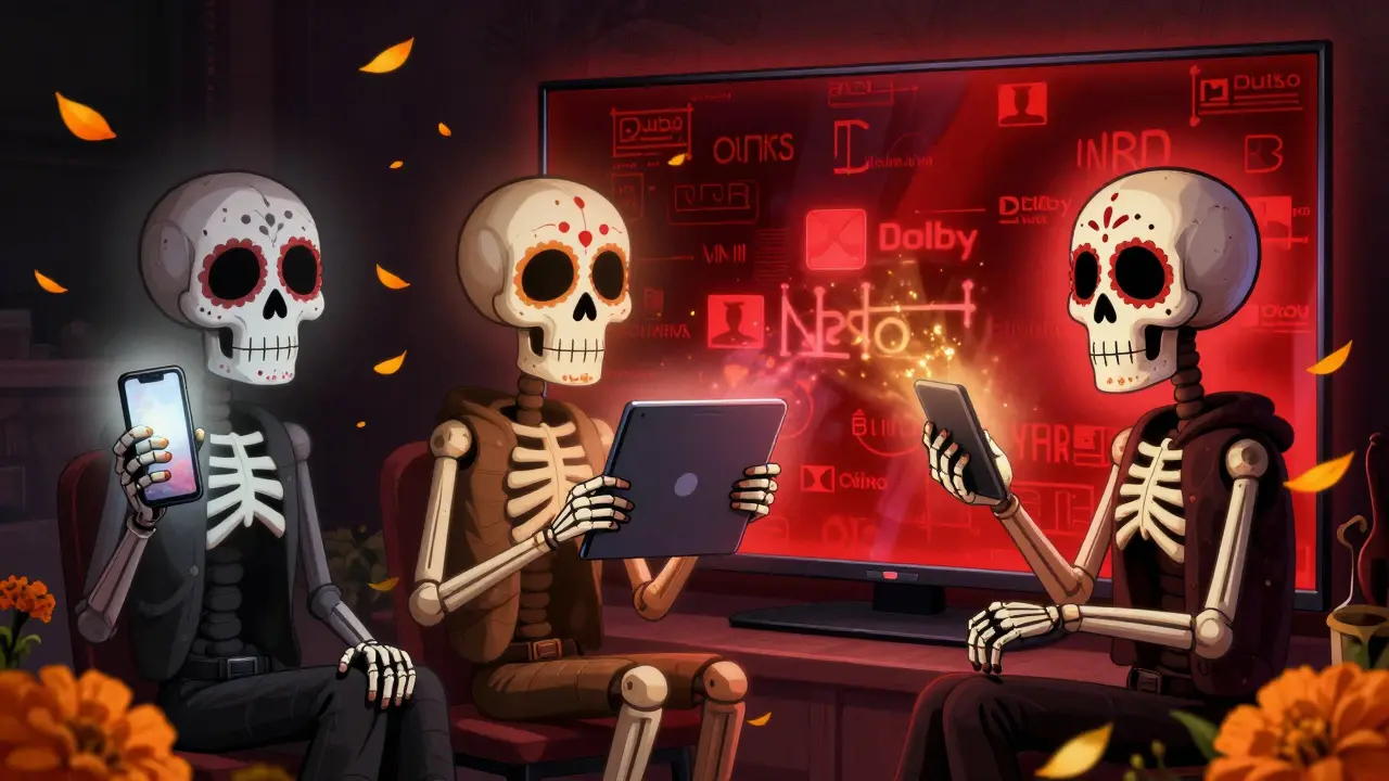 Three skeletal viewers use phones, tablets, and TVs with different colored auras, symbolizing streaming quality, surrounded by marigold petals in a Day of the Dead aesthetic.