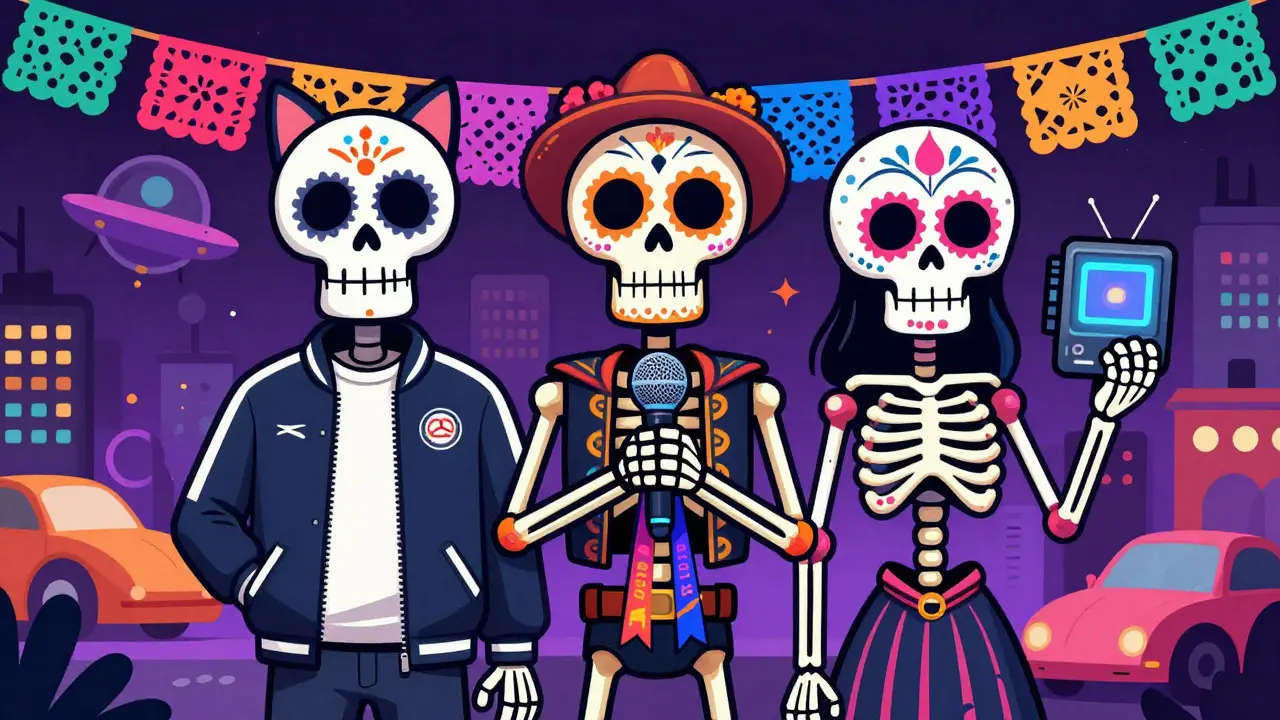 Three skeletons representing comedy, news, and sci-fi genres.