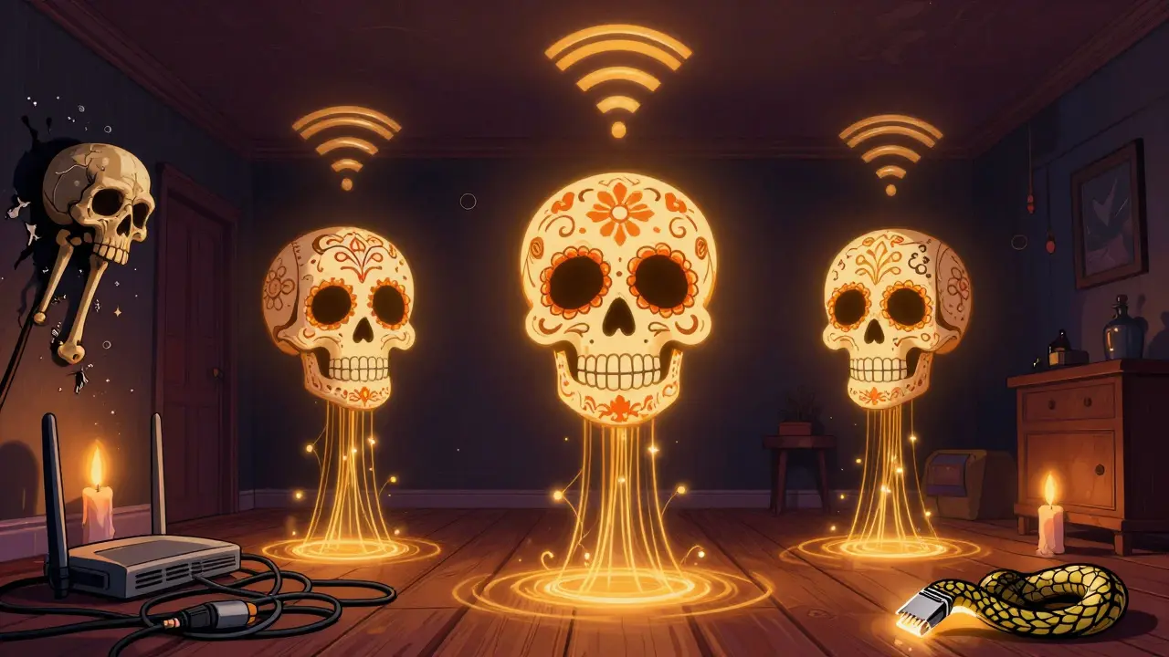 Three skull-shaped mesh nodes glowing with golden data streams, while an old router decays in the corner, all in Day of the Dead aesthetic.