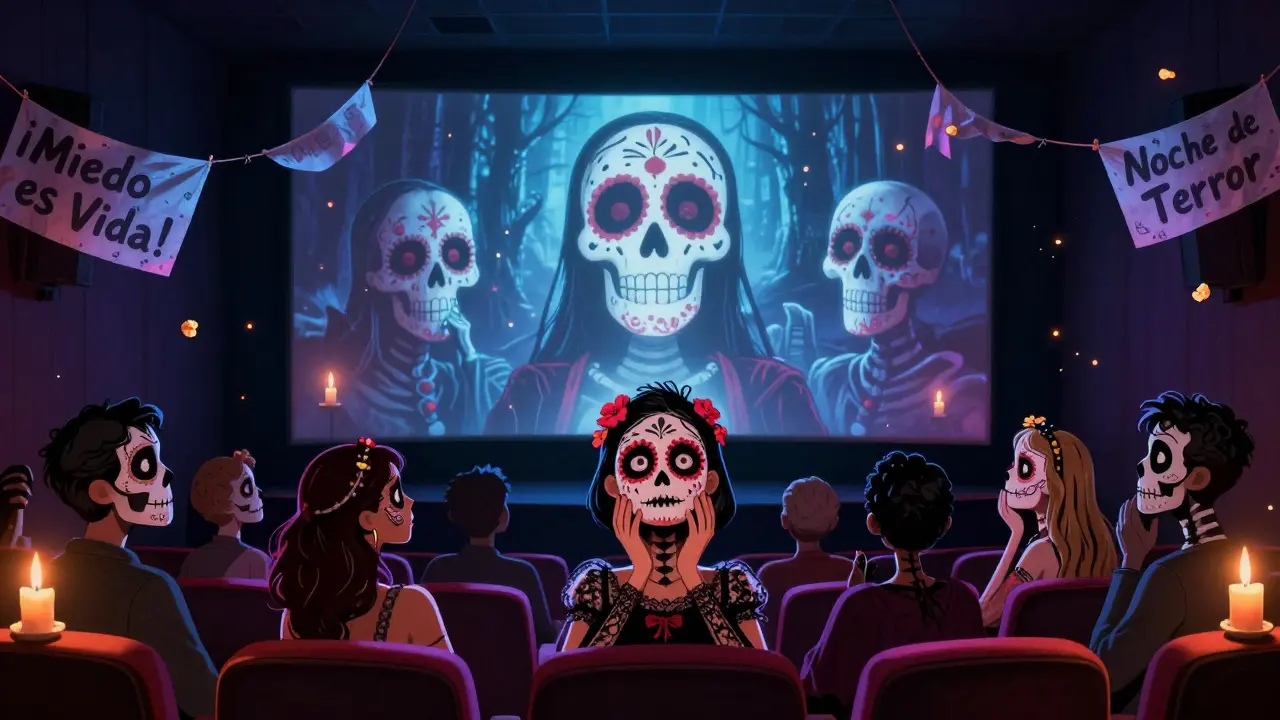 Viewers in skeleton face paint watch a horror trailer on screen, where animated calaveras dance, surrounded by floating spirit banners in a dark theater.