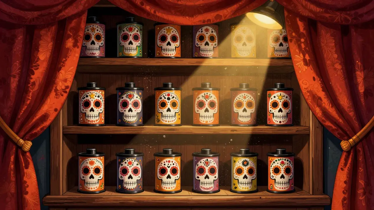 Vintage cinema archive with sugar skull decorations and film reels.