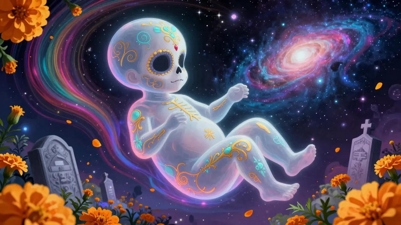 A celestial fetal figure with gold skeletal patterns floating in a colorful cosmic void
