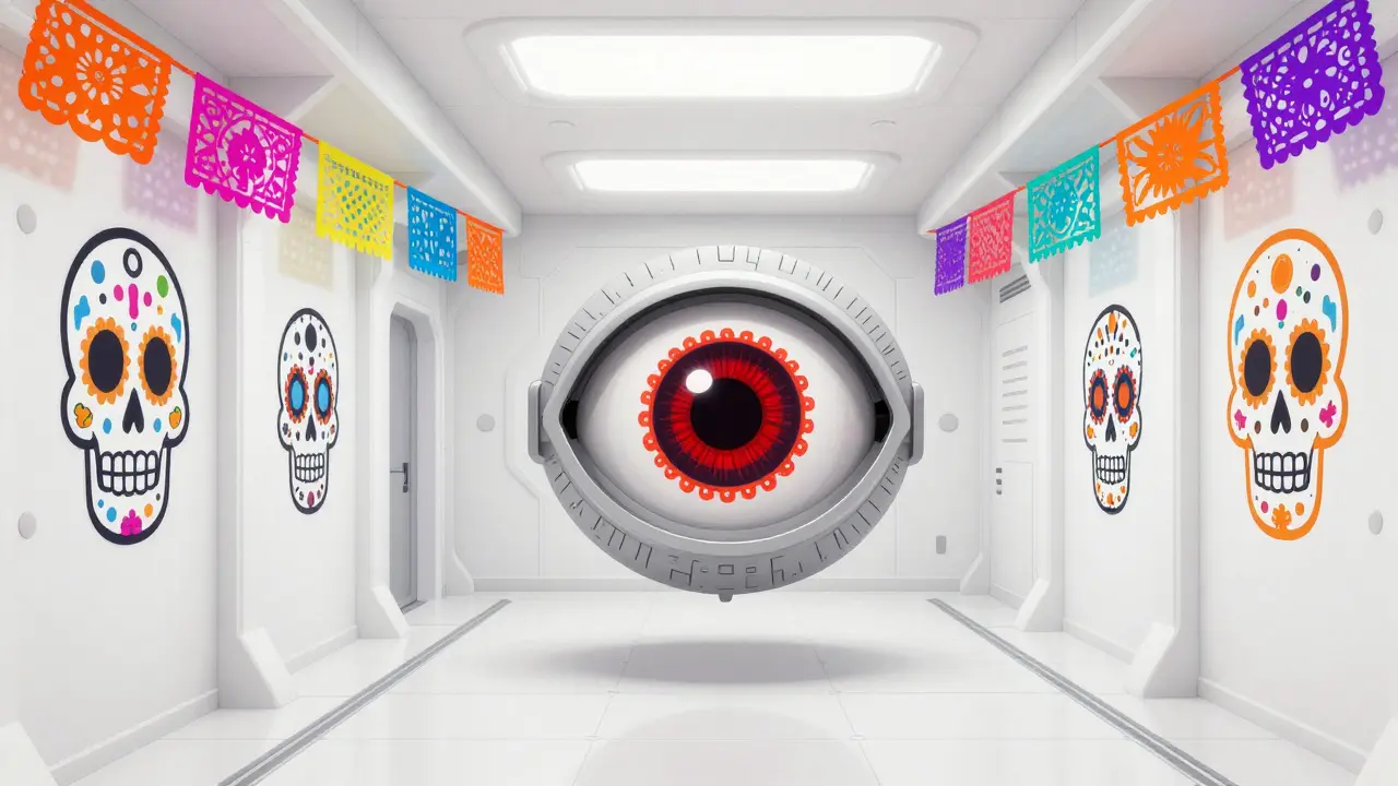 A futuristic spaceship corridor decorated with sugar skulls and a skull-themed HAL 9000 eye