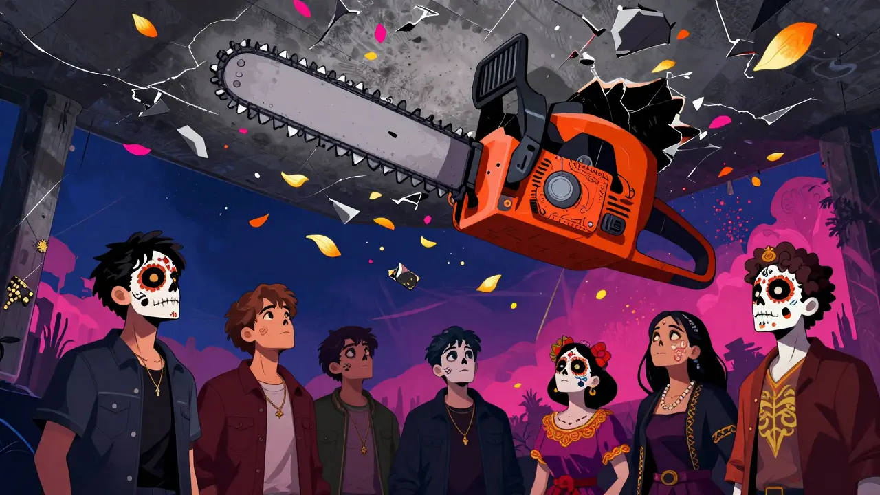 A giant chainsaw shattering a ceiling above people with Day of the Dead face paint
