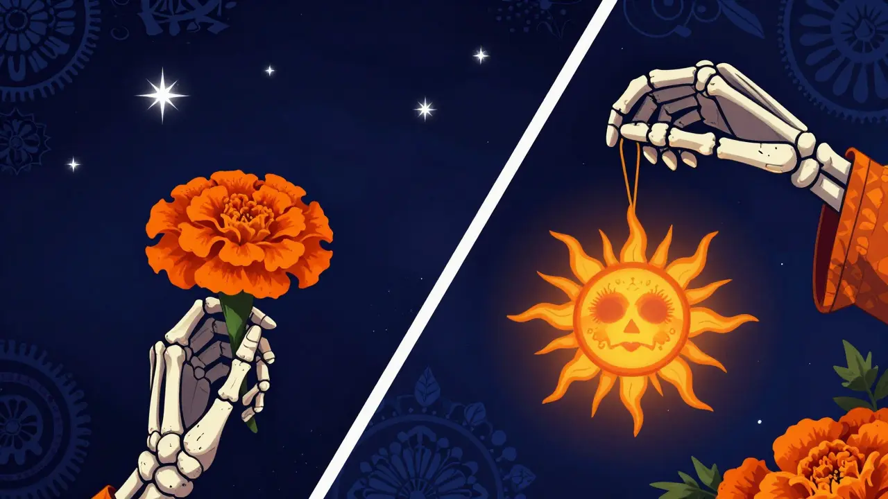 A match cut between a marigold and a sun ornament held by skeletal hands.