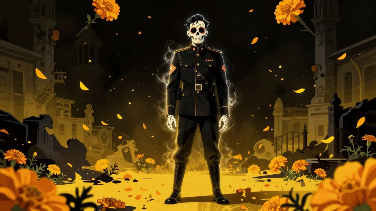A skeletal soldier in a yellow and black surreal landscape with floating marigold petals.