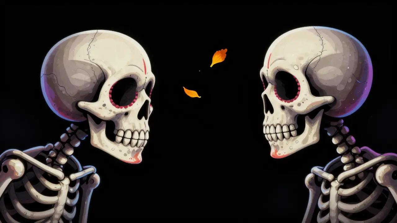 A sugar skull character in a void of black silence, leaning in with intense anticipation.