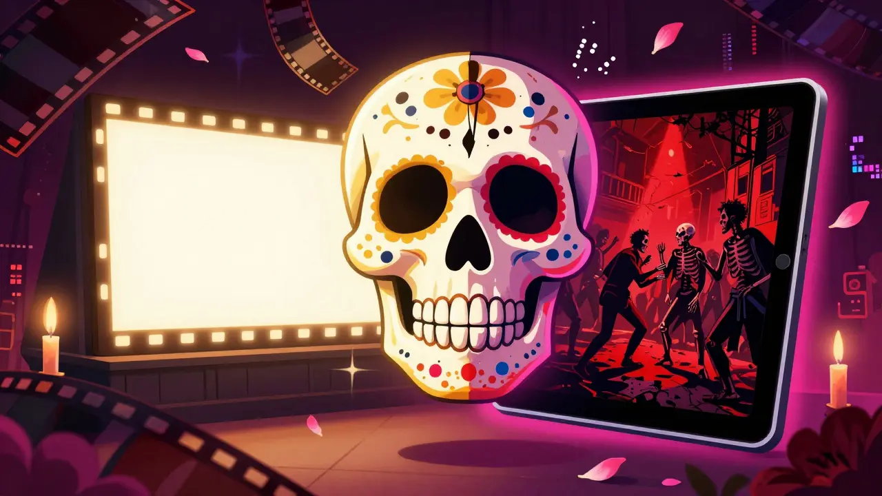 A sugar skull split between a cinema screen and a tablet showing different action styles.