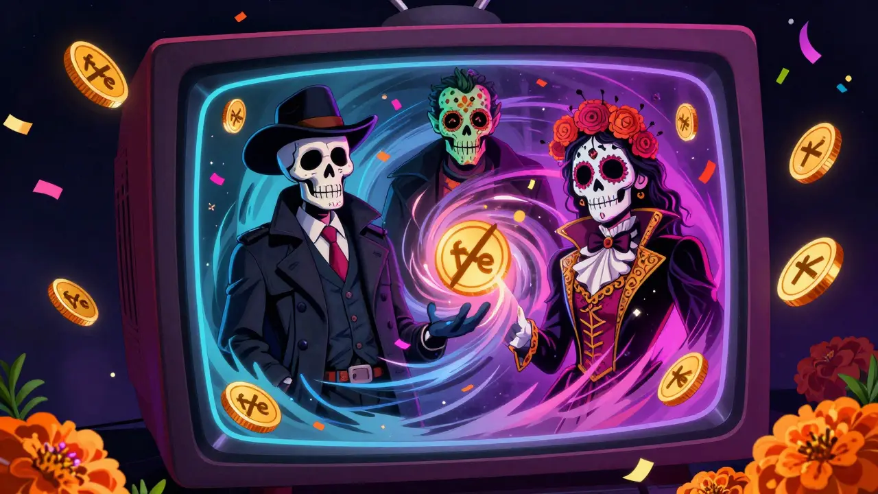 A vortex of diverse movie characters in Day of the Dead style emerging from a TV screen.