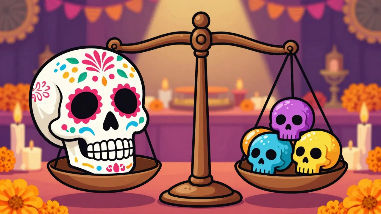 Balance scale comparing a single large sugar skull to several small ones on a festive altar