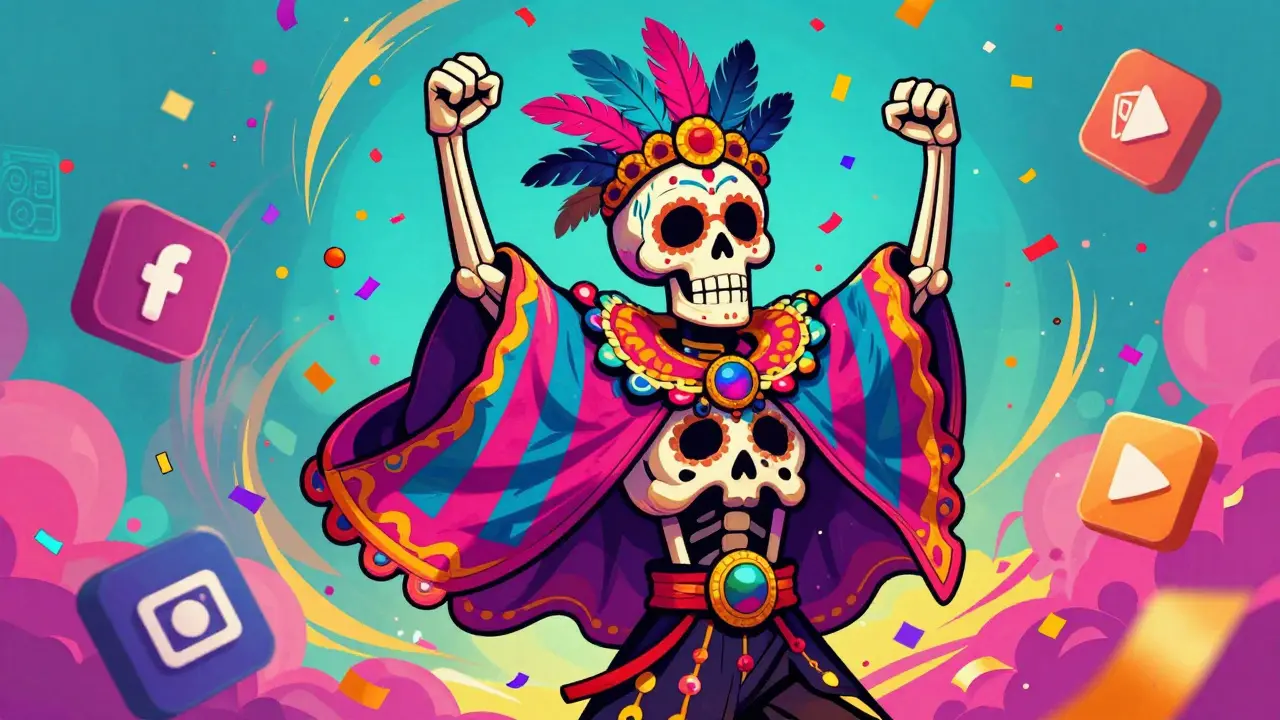 Celebrating skeleton in traditional Day of the Dead attire cheering for a soccer goal.