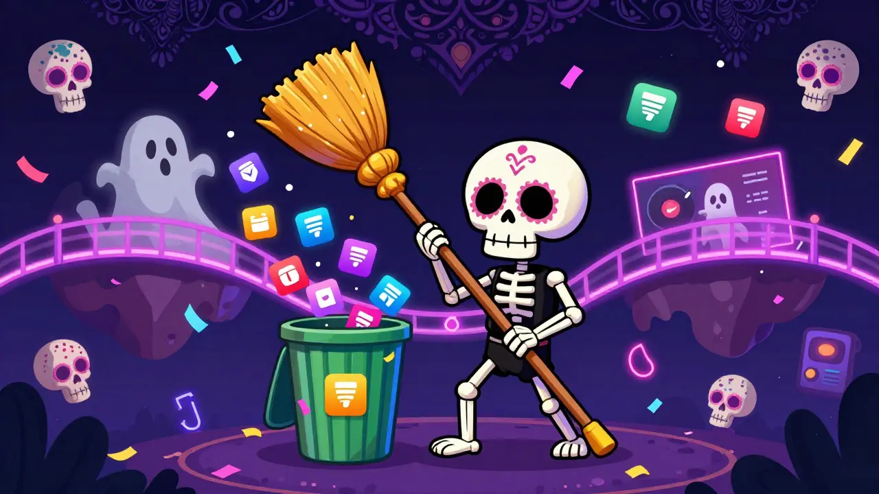 Cheerful skeleton sweeping away old subscription icons in a festive Day of the Dead scene