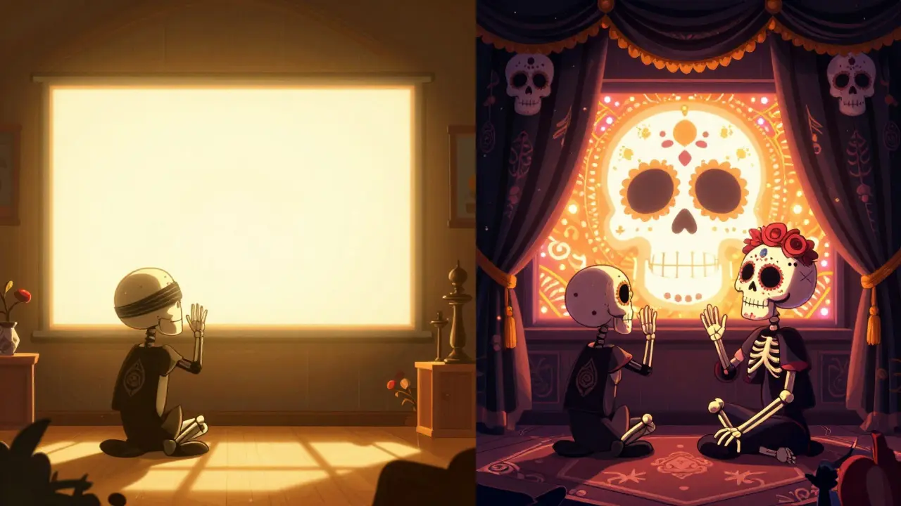 Comparison of a washed-out screen in daylight versus a bright HDR image with blackout curtains