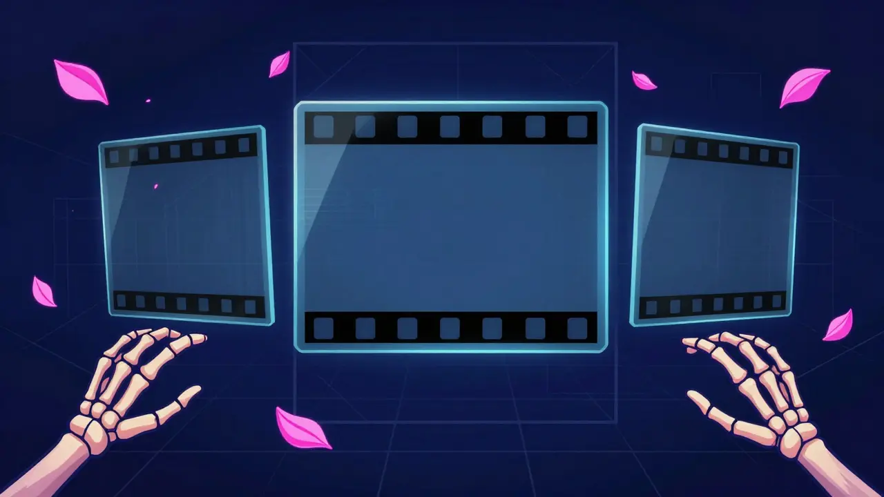 Floating screens with black bars viewed by skeletal figures.