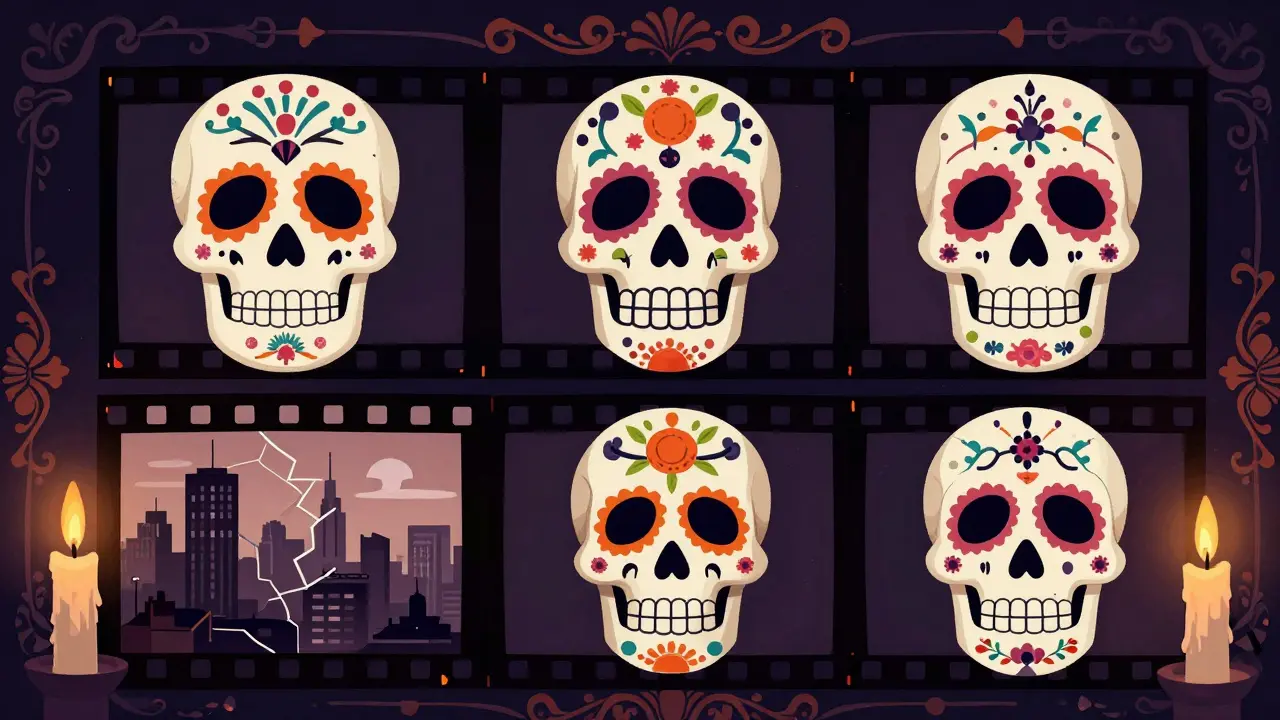 Floating sugar skull masks depicting historical memory in a festive folk-art style