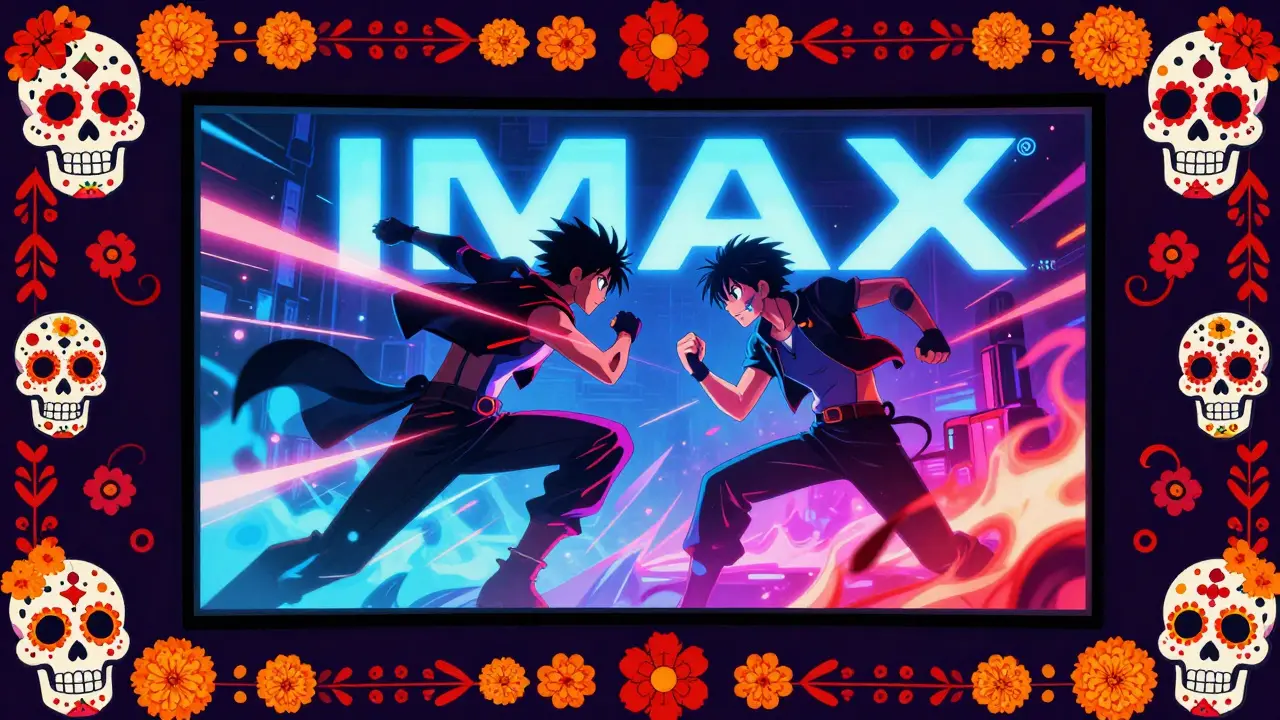IMAX screen showing an anime fight scene surrounded by sugar skulls and marigolds