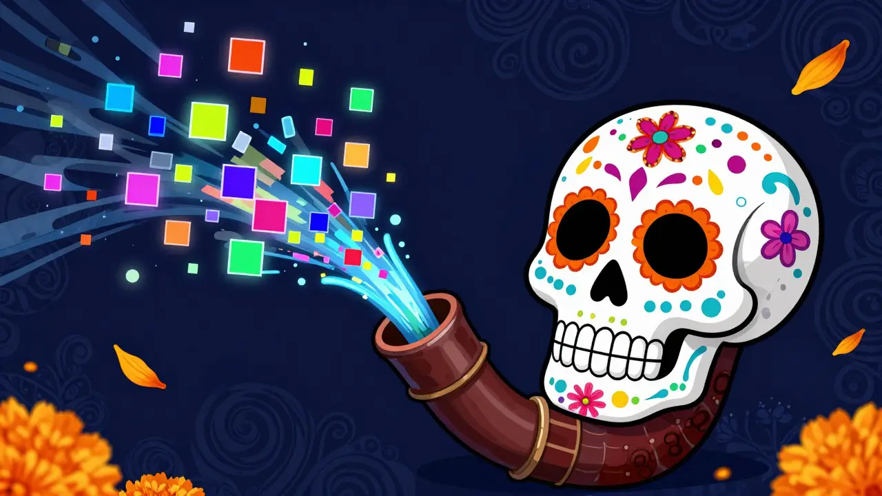Ornate decorated pipe with digital data leaking as blocky pixels in Day of the Dead style.