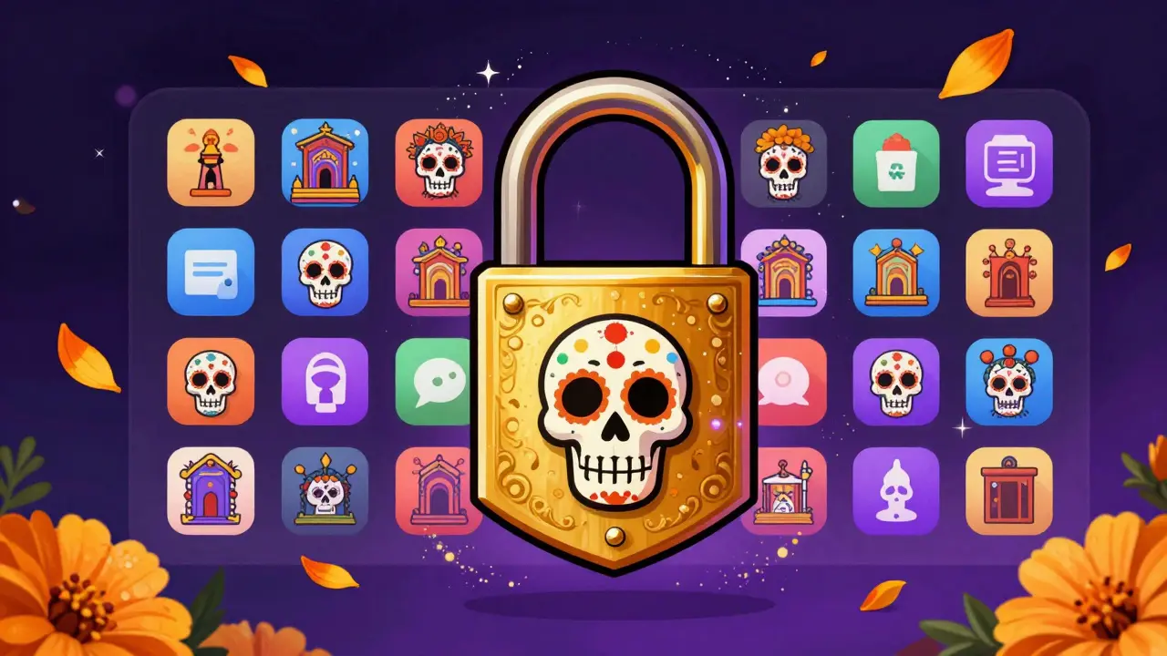 Ornate golden skull lock protecting a grid of colorful, stylized digital apps
