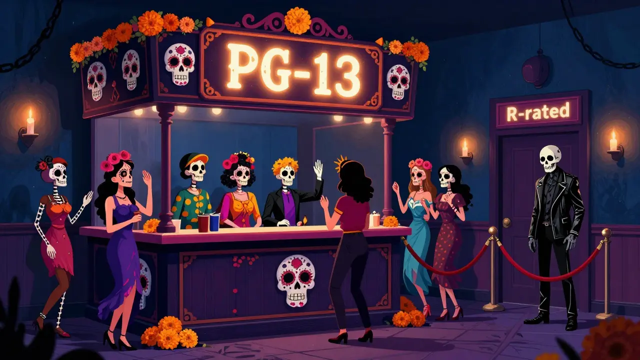 Ornate movie ticket booth with sugar skull decor dividing PG-13 and R-rated audiences.