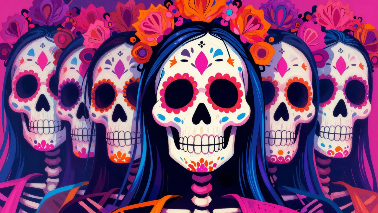 Overlapping, neon-colored skeletal faces creating a shimmering effect of paranoia.