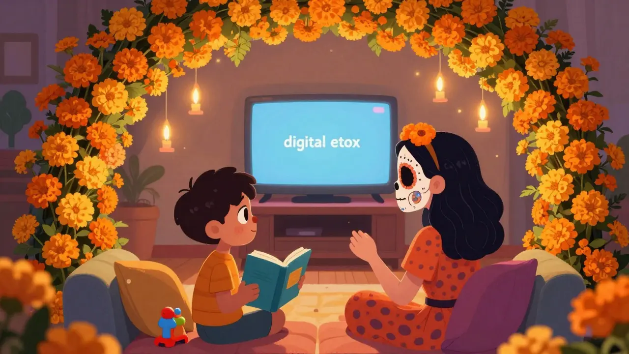 Parent and child reading together with a turned-off TV in a festive setting