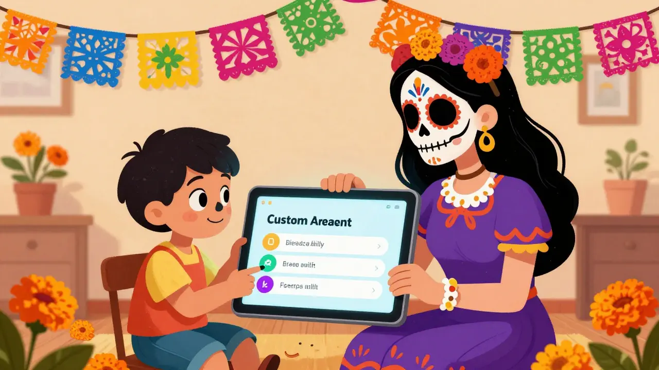 Parent and child with sugar skull face paint adjusting accessibility settings on a tablet