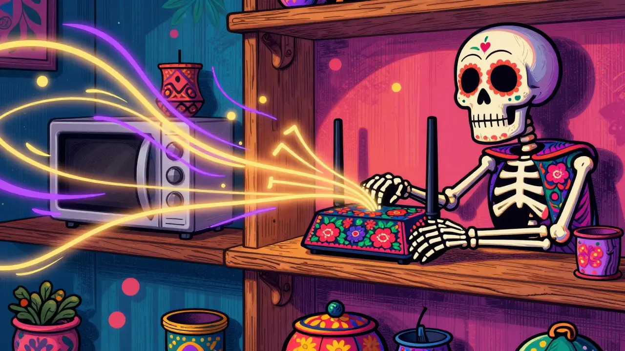 Skeletal character placing a decorated router on a shelf to improve Wi-Fi signal.