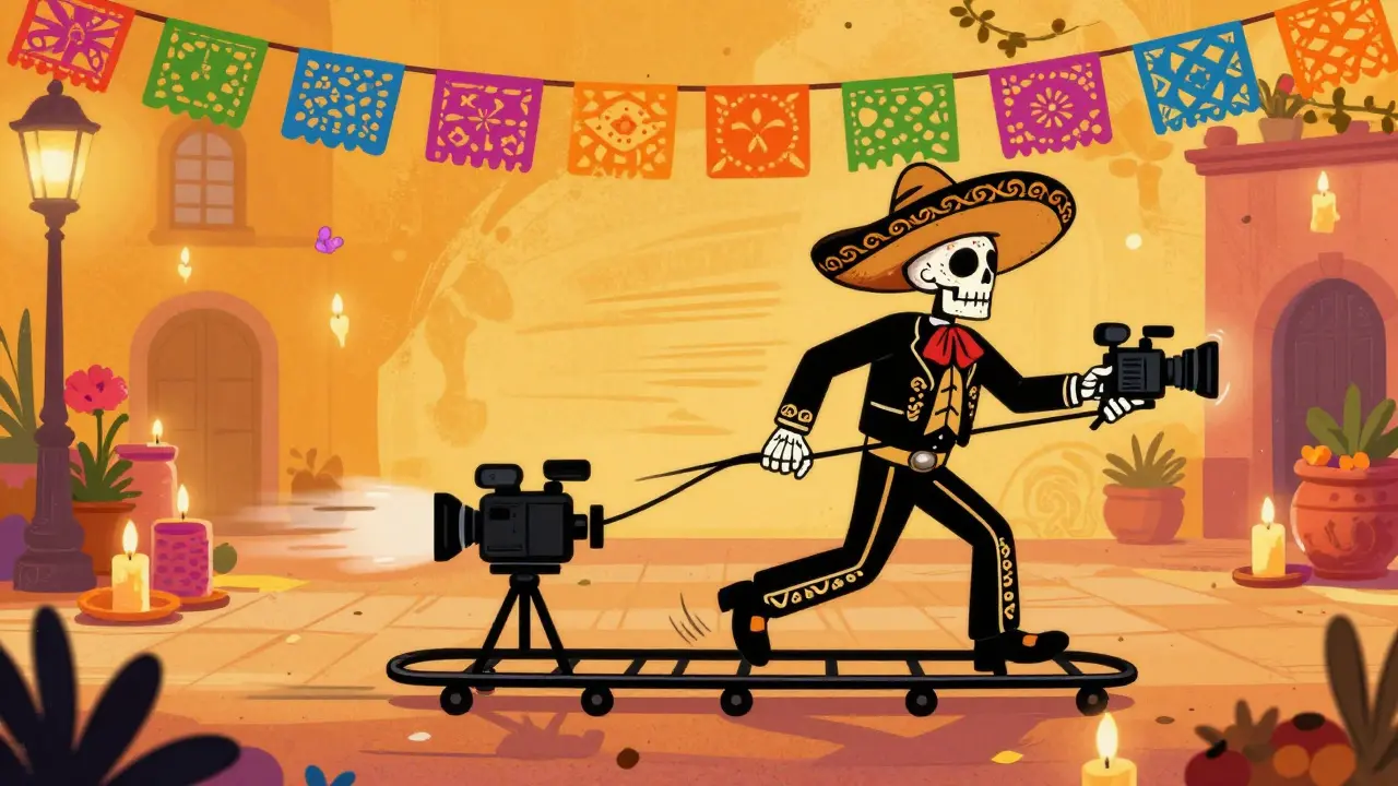 Skeletal charro being filmed with a dolly camera in a colorful Mexican plaza.