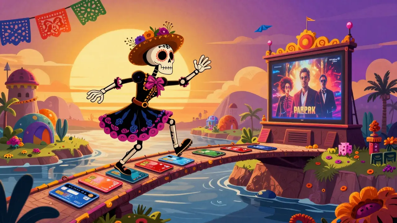 Skeletal figure crossing a bridge of digital payment methods to reach a cinema screen