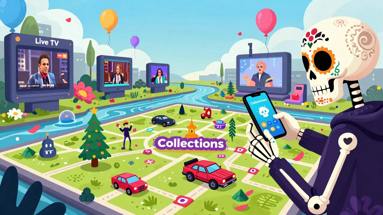 Skeletal figure using a phone to navigate a colorful map of movie collections and live TV.